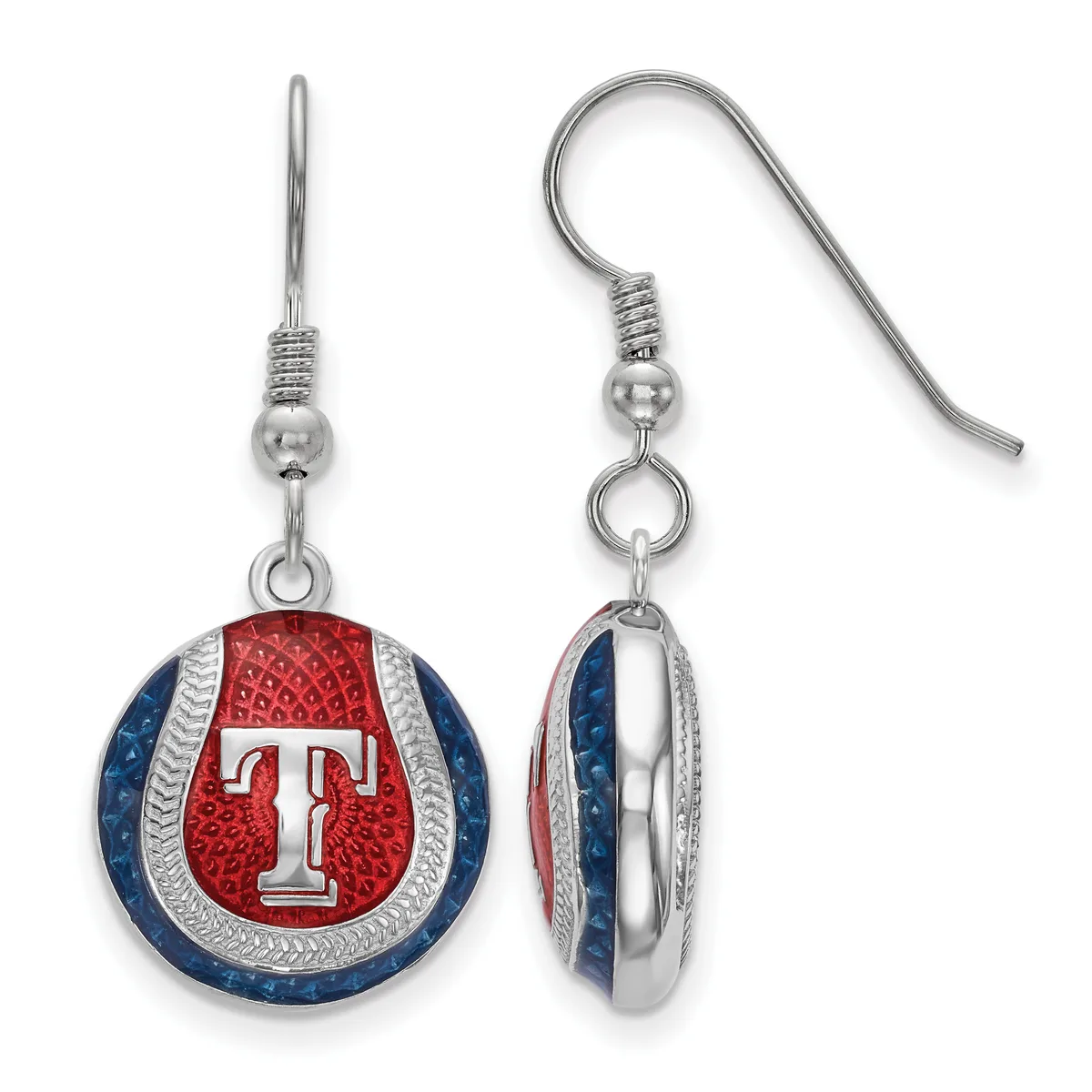 Pair of dangling earrings with silver-tone ear wires featuring round pendants with red centers, silver letter T, and blue and silver outer bands, shown from front and back views.