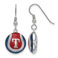 Pair of dangling earrings with silver-tone ear wires featuring round pendants with red centers, silver letter T, and blue and silver outer bands, shown from front and back views.