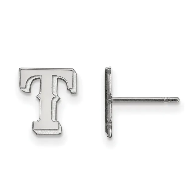 Silver stud earrings shaped like the letter T, shown from front and side views to display the post and backing.