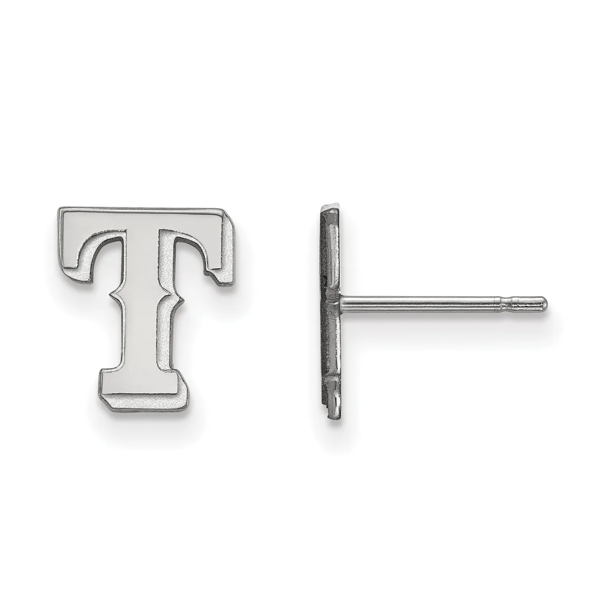 Silver stud earrings shaped like the letter T, shown from front and side views to display the post and backing.