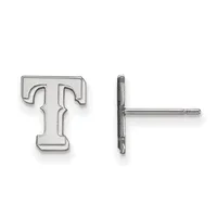 Silver stud earrings shaped like the letter T, shown from front and side views to display the post and backing.