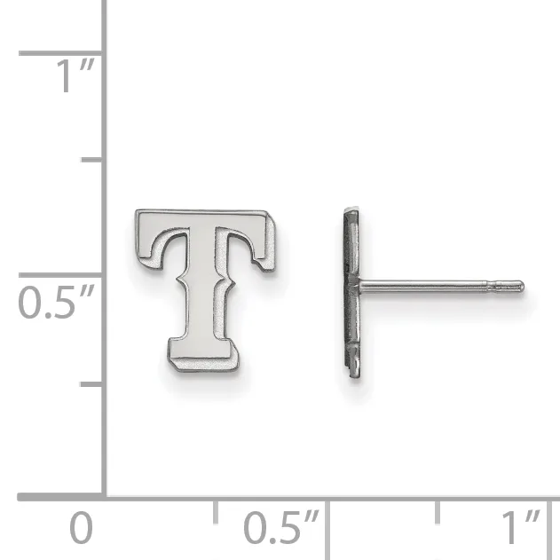 Silver stud earrings shaped like the letter T, shown from front and side views with a ruler indicating approximately 0.5 inches in height.