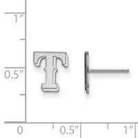 Silver stud earrings shaped like the letter T, shown from front and side views with a ruler indicating approximately 0.5 inches in height.
