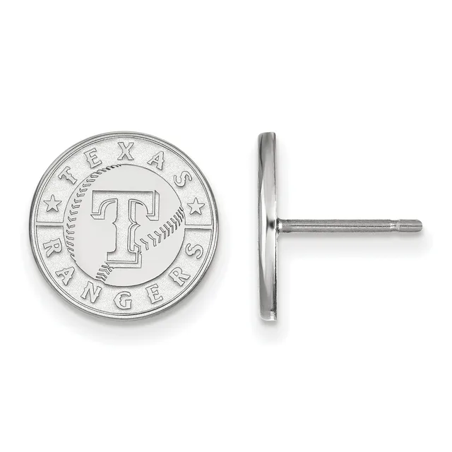 Two silver-colored circular stud earrings featuring a Texas Rangers baseball team logo with a "T" design, shown from front and side views.