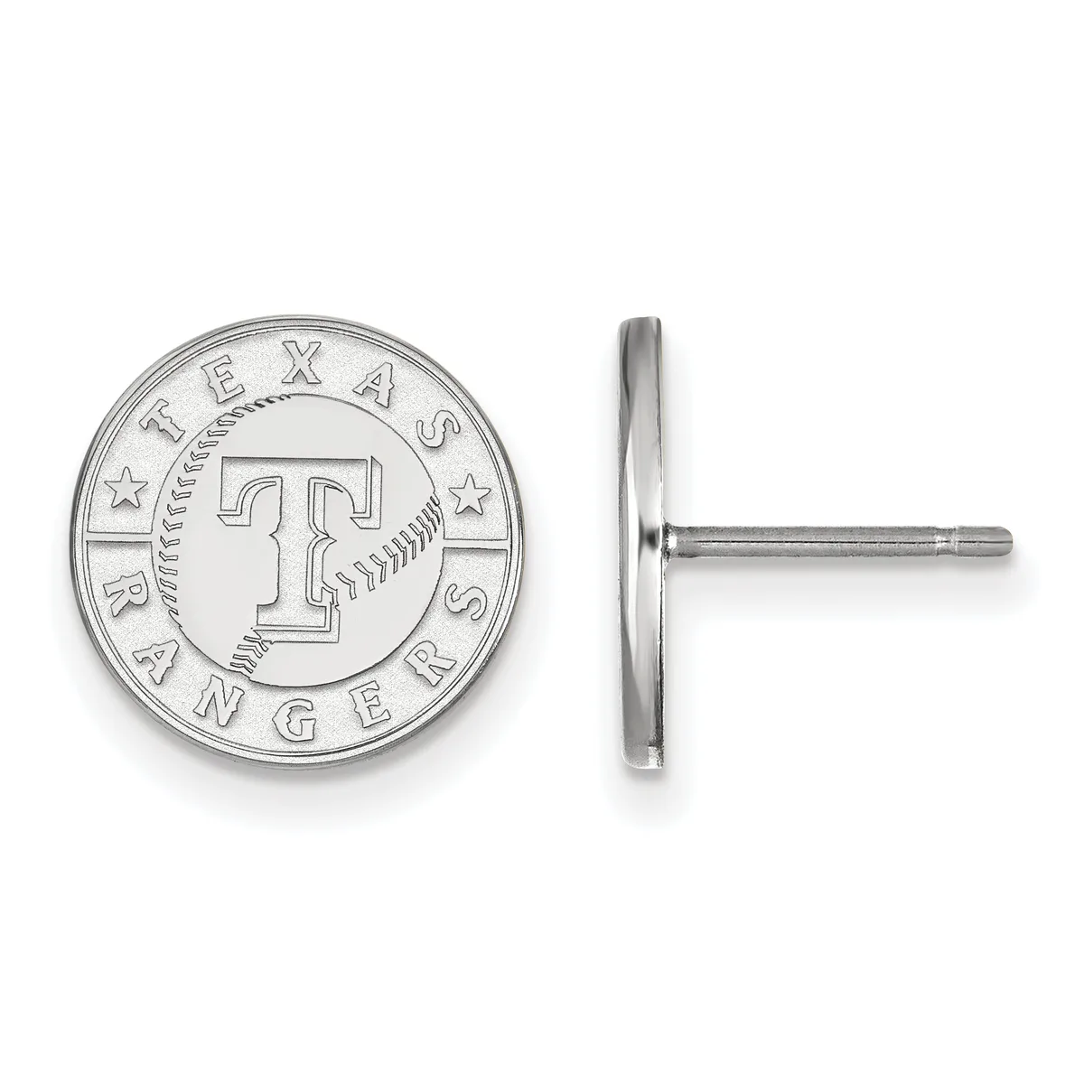 Two silver-colored circular stud earrings featuring a Texas Rangers baseball team logo with a "T" design, shown from front and side views.