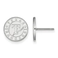 Two silver-colored circular stud earrings featuring a Texas Rangers baseball team logo with a "T" design, shown from front and side views.