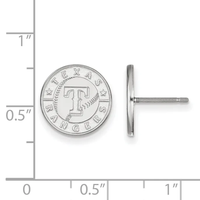 Silver-colored round coin earring with a baseball design and text around the rim, shown front and back view next to a measurement scale.