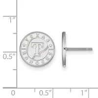 Silver-colored round coin earring with a baseball design and text around the rim, shown front and back view next to a measurement scale.