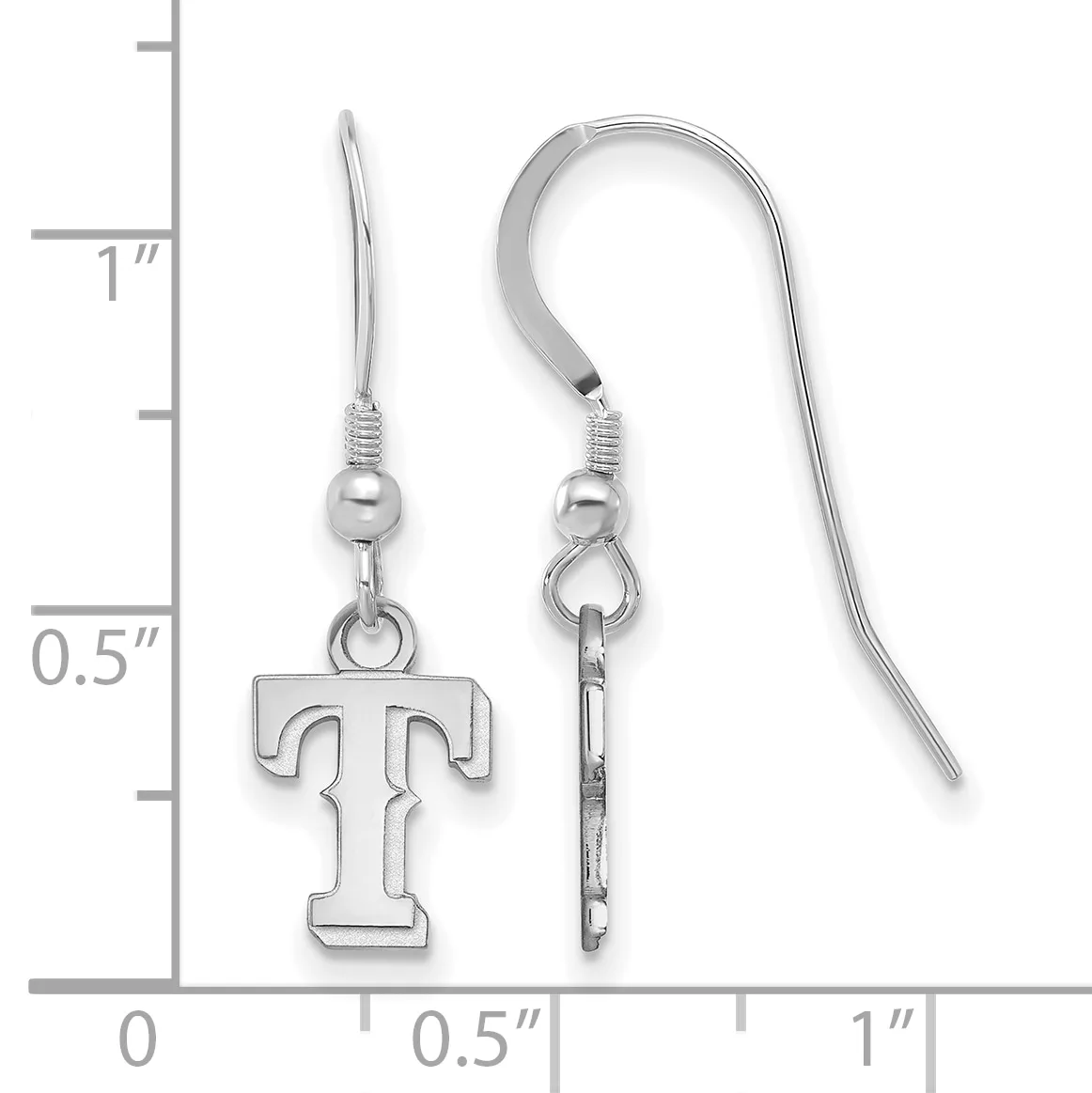 Pair of silver-toned dangle earrings with hook closures, each featuring an outlined letter T charm, displayed against a measurement scale.