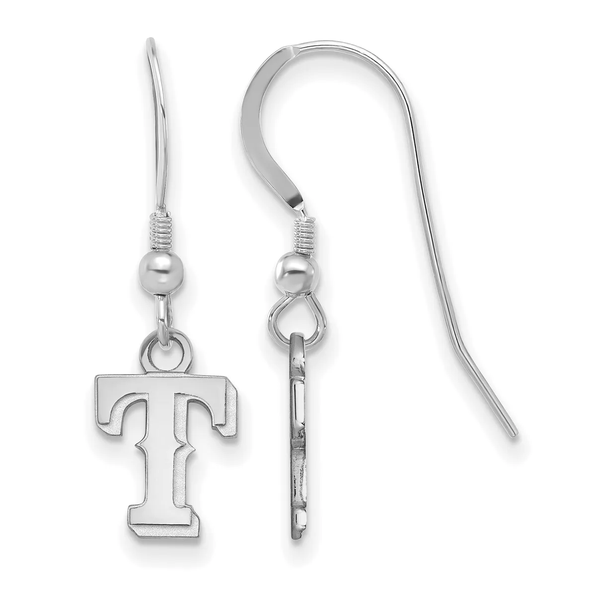 A pair of silver-colored earrings with fish hook wires, small round beads, and dangling block letter T charms.