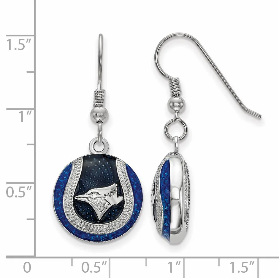 Pair of blue lapis lazuli and silver drop earrings featuring a bird emblem surrounded by a horseshoe design, shown front and back with a measurement scale.