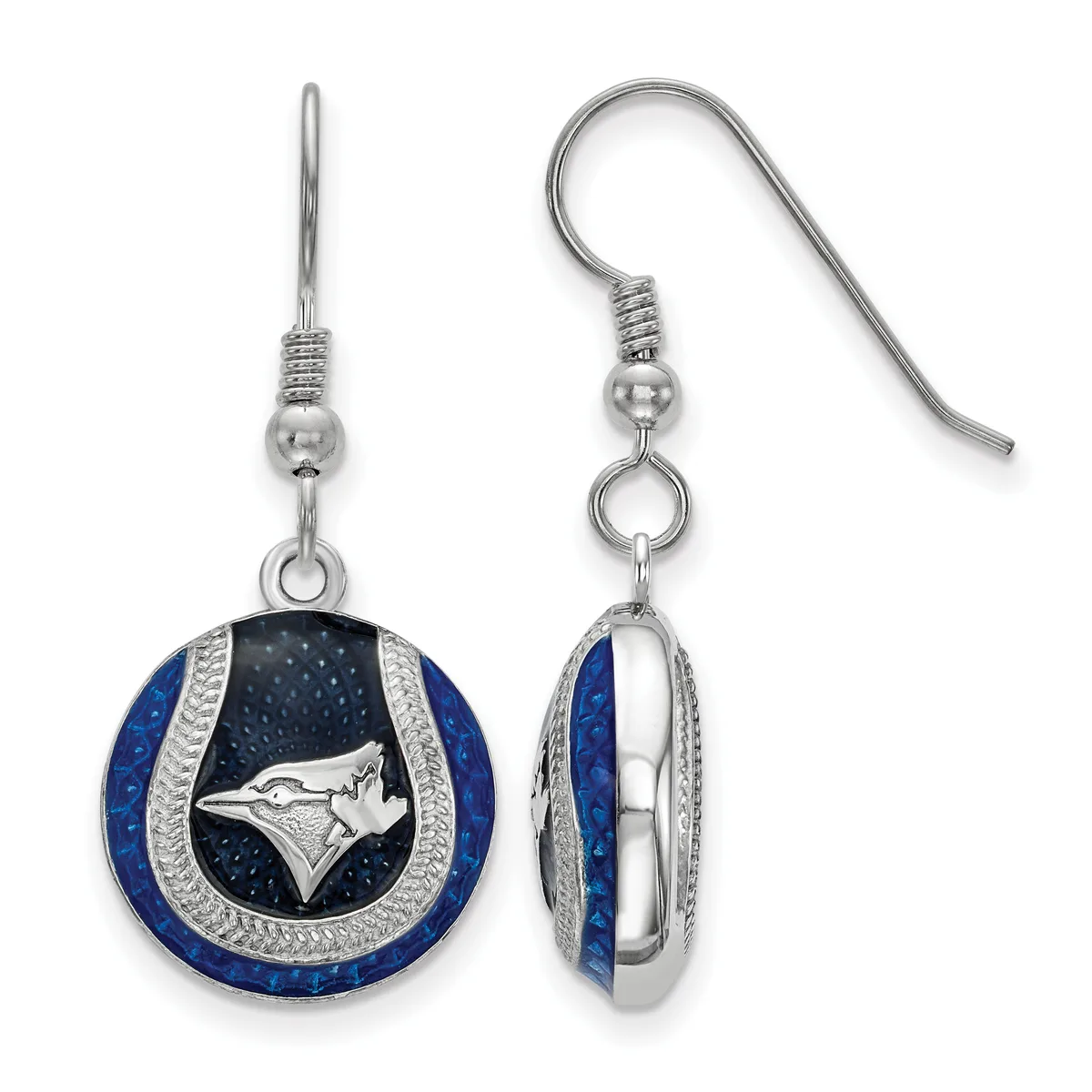 Pair of silver-toned dangle earrings with blue stone circles featuring a bird logo, decorative silver borders, and fish hook closures, shown from front and side views.