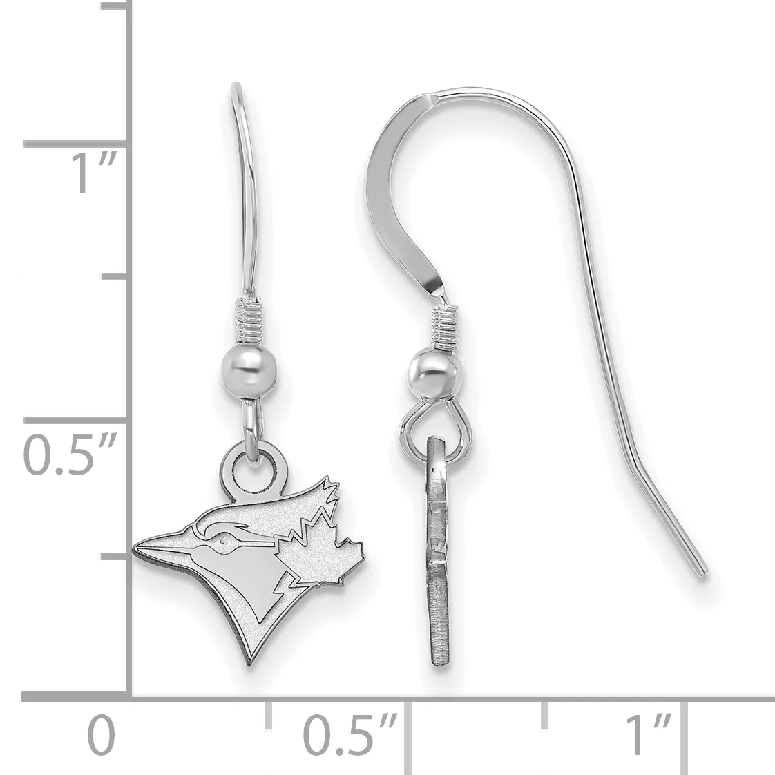 A pair of silver-toned earrings with fish-shaped charms hanging from French wire hooks, displayed next to a ruler showing approximately one inch in length.