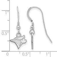 A pair of silver-toned earrings with fish-shaped charms hanging from French wire hooks, displayed next to a ruler showing approximately one inch in length.
