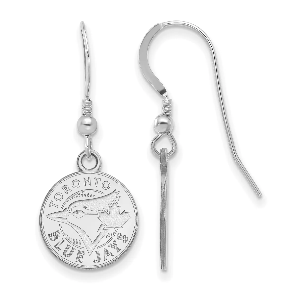 Pair of silver-colored earrings with circular pendants featuring a bird and maple leaf design, suspended from fishhook-style wires with small ball and coil details.