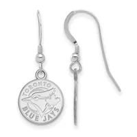 Pair of silver-colored earrings with circular pendants featuring a bird and maple leaf design, suspended from fishhook-style wires with small ball and coil details.