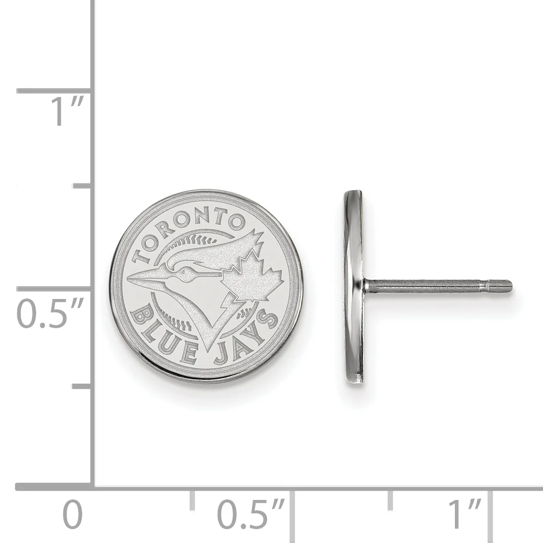 Silver-toned circular coin cufflink with a baseball team logo shown from front and side view next to a measurement ruler.