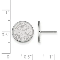 Silver-toned circular coin cufflink with a baseball team logo shown from front and side view next to a measurement ruler.