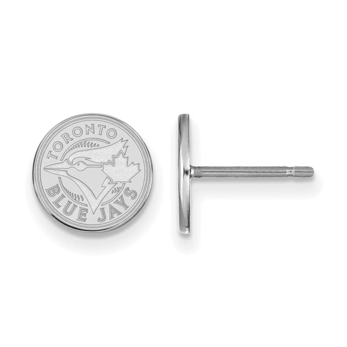 A pair of silver stud earrings featuring circular medallions with a bird and maple leaf design, shown from front and side views.