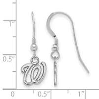 A pair of silver drop earrings with cursive W charms hanging from fish hook wires, displayed next to a ruler showing approximately one inch in length.