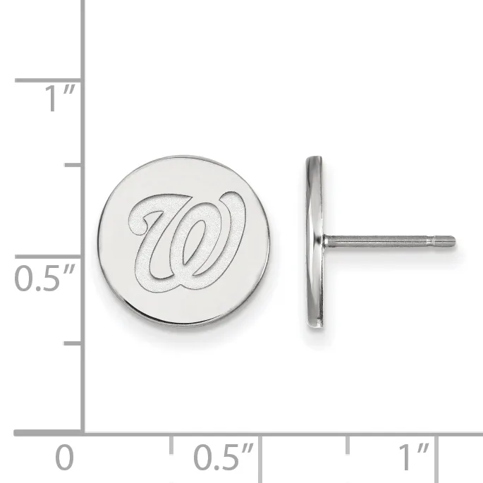 Circular silver stud earrings with engraved W logo shown front and side view against a measurement scale.