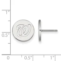 Circular silver stud earrings with engraved W logo shown front and side view against a measurement scale.