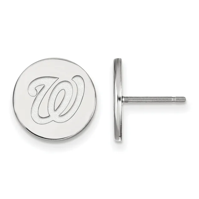 Pair of silver-colored circular stud earrings with the letter W engraved on the face, shown from front and side views.