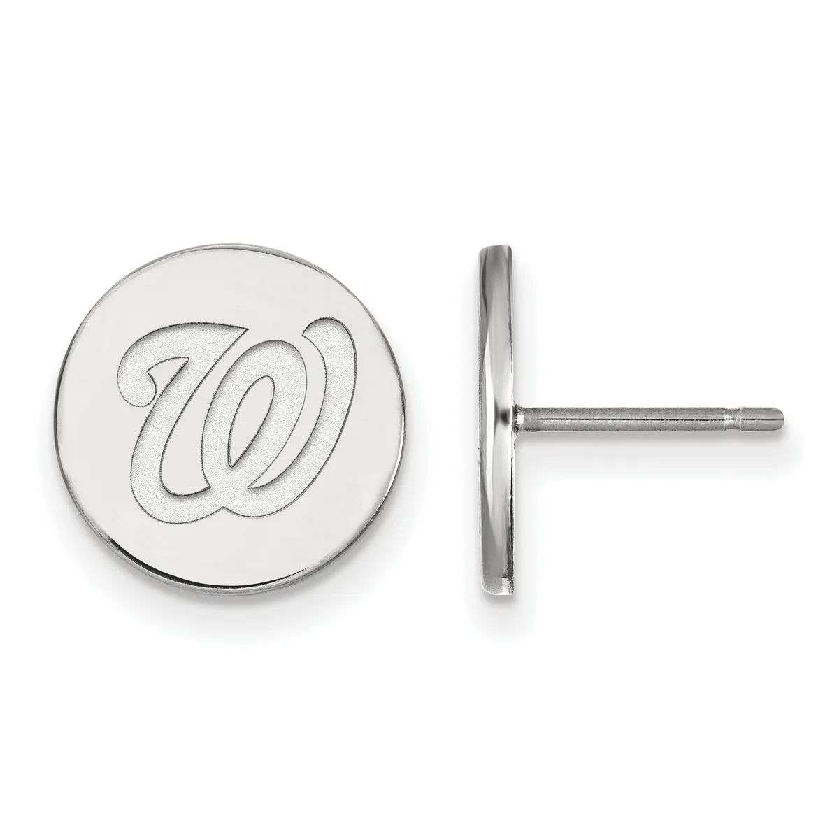 Pair of silver-colored circular stud earrings with the letter W engraved on the face, shown from front and side views.