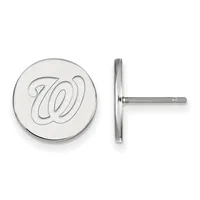 Pair of silver-colored circular stud earrings with the letter W engraved on the face, shown from front and side views.