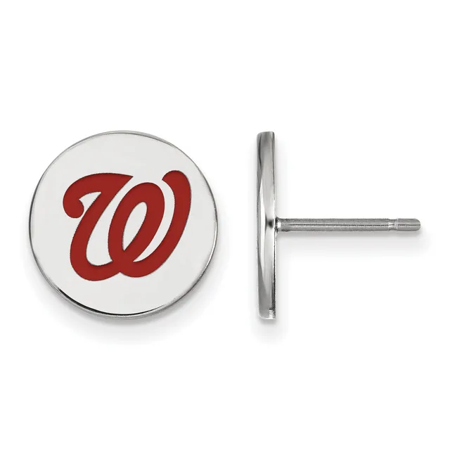A pair of silver stud earrings with circular white enamel faces displaying a red stylized W logo.