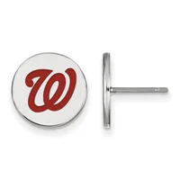 A pair of silver stud earrings with circular white enamel faces displaying a red stylized W logo.