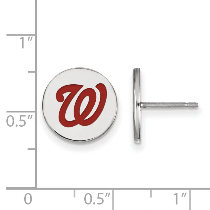 A pair of round stud earrings with white face and red script letter, shown front and side view against a measurement scale.