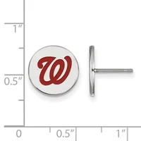 A pair of round stud earrings with white face and red script letter, shown front and side view against a measurement scale.