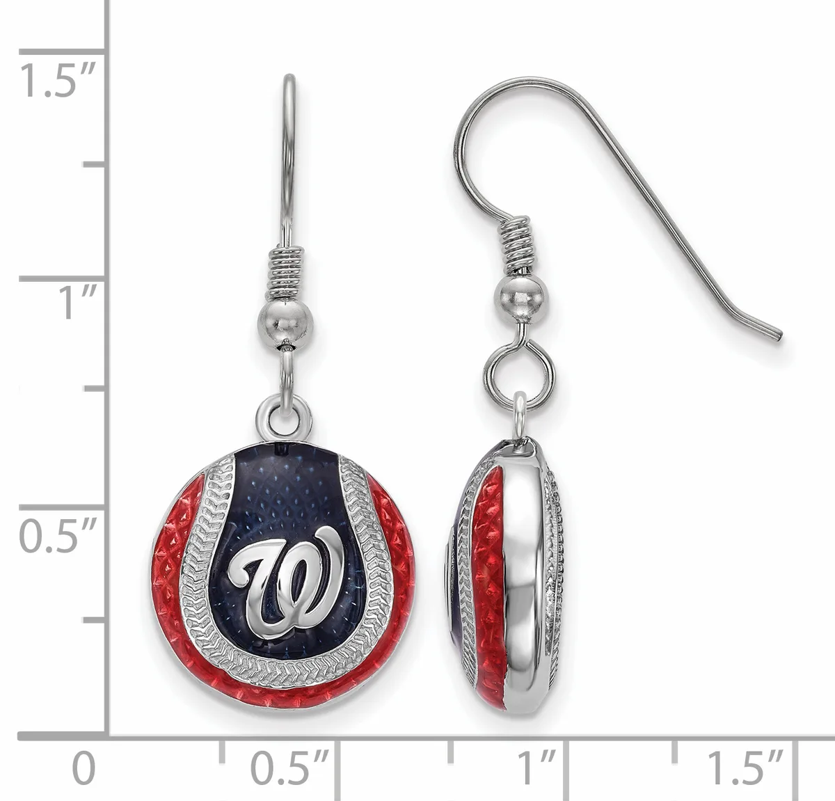 Pair of dangle earrings with red and silver baseball-shaped pendants featuring a navy blue center panel, suspended from silver-toned fishhook wires, shown against a measurement scale.