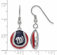 Pair of dangle earrings with red and silver baseball-shaped pendants featuring a navy blue center panel, suspended from silver-toned fishhook wires, shown against a measurement scale.