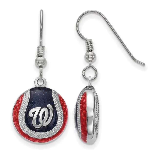 Pair of silver dangle earrings with red and dark blue enamel baseball-themed circular pendants featuring a white "W" logo, shown front and side views.