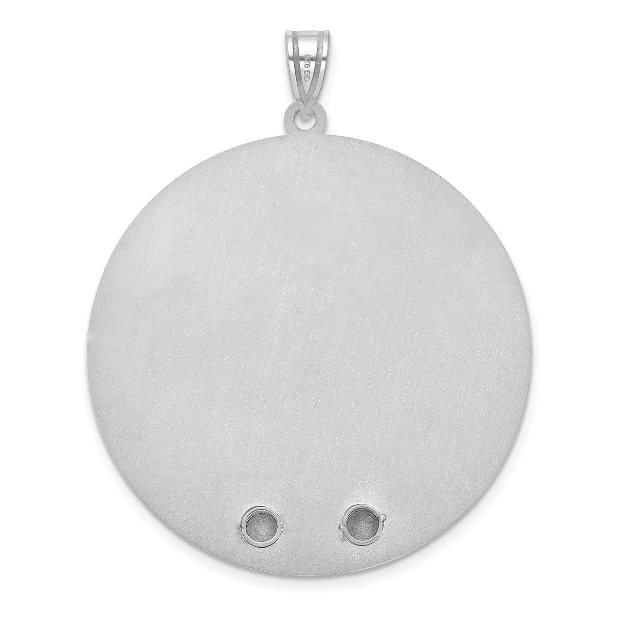 A large polished silver circular pendant with two small round stone settings near the bottom and a decorative bail at the top.