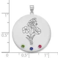 Silver pendant with engraved botanical flower design and four colored gemstones (green, blue, pink, and one additional stone) arranged at the bottom, shown next to a ruler for scale.