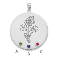 Silver circular pendant with engraved flower bouquet design and three colored gemstones at the bottom, labeled A, B, and C.