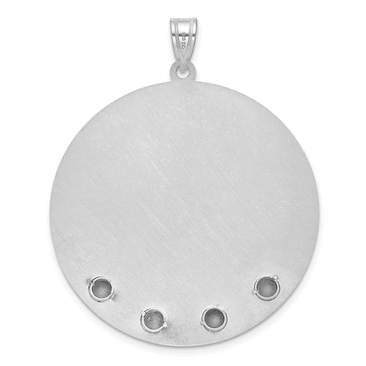 Large circular silver pendant with brushed finish and four small empty bezel settings arranged symmetrically near the bottom, suspended from a silver bail.
