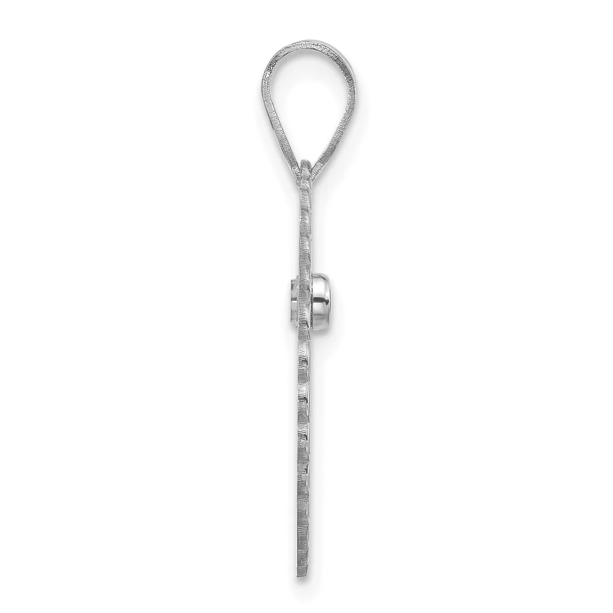 A silver lariat-style pendant necklace with a loop at the top and a decorative knot detail partway down the elongated strand.