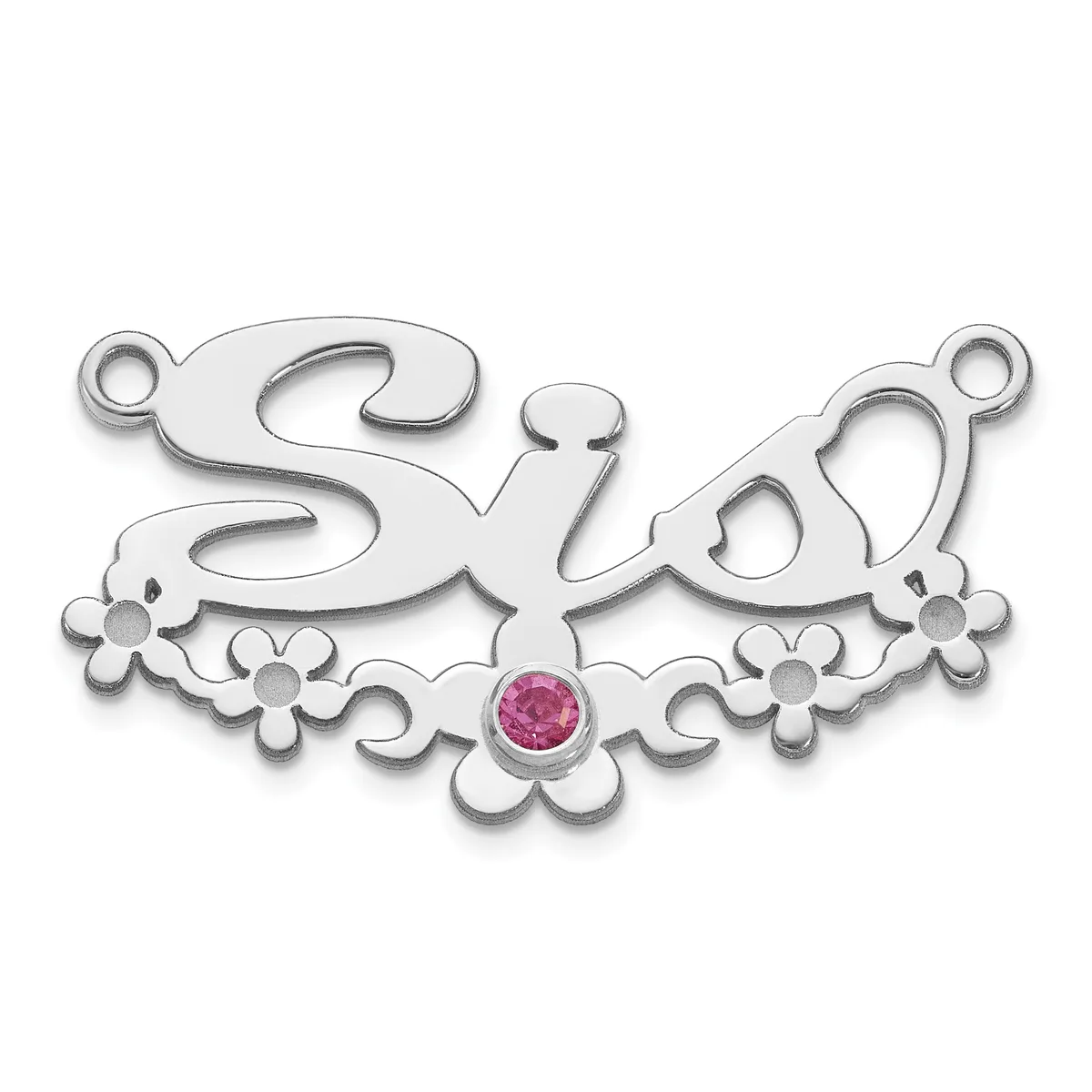 Silver decorative connector pendant with ornate swirling script lettering, floral filigree design, and a round pink gemstone in the center, featuring two small loops for hanging.