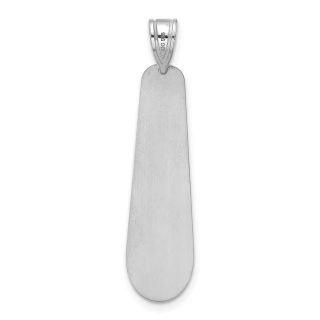 A polished silver elongated teardrop-shaped pendant with a textured bail loop at the top, displayed against a white background.