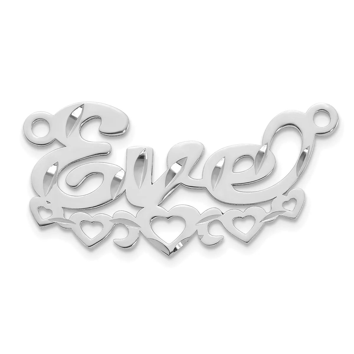 Silver pendant with cursive script spelling a name, decorated with small hearts and scrollwork, shown against a white background.