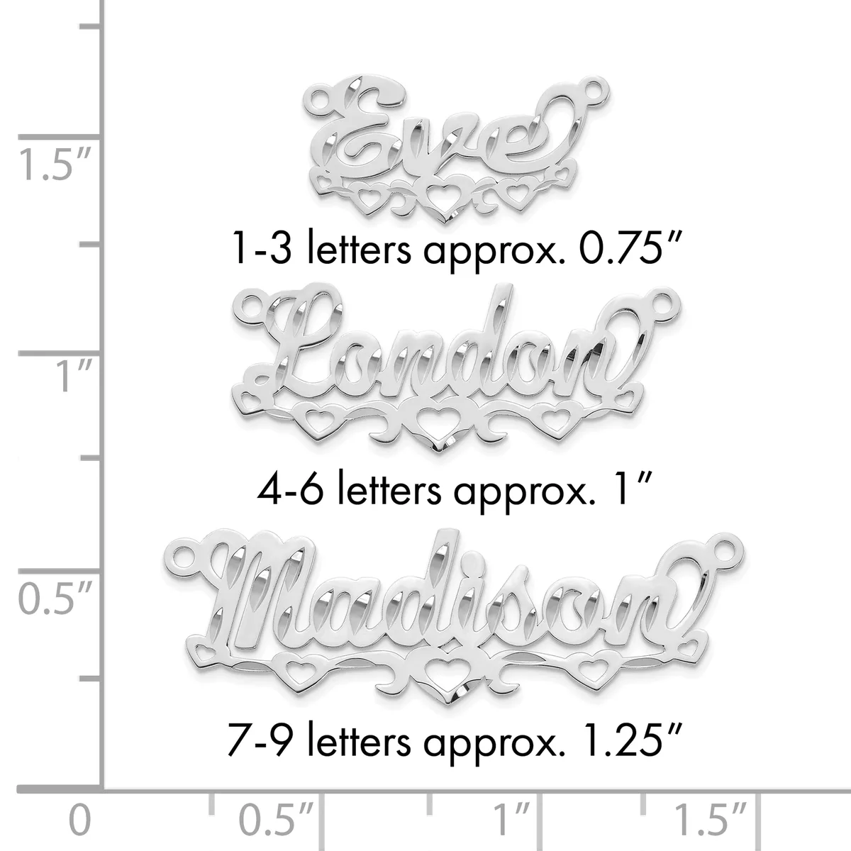 Three silver decorative name pendants shown at actual size with a measurement scale, displaying letter height ranges from 0.75 inches for 1-3 letters to 1.25 inches for 7-9 letters.