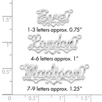 Three silver decorative name pendants shown at actual size with a measurement scale, displaying letter height ranges from 0.75 inches for 1-3 letters to 1.25 inches for 7-9 letters.