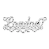 A silver nameplate pendant spelling "Londyn" in script lettering with decorative heart cutouts along the bottom edge and attachment loops at the top corners.
