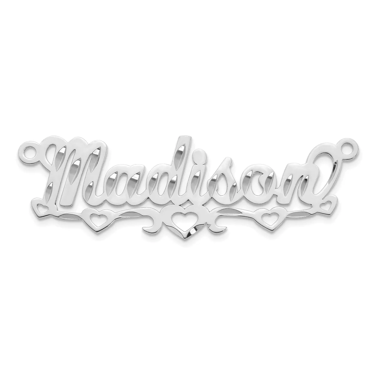 Silver-toned metal connector pendant with "Madly" written in script lettering, decorated with small heart shapes below, and loops at both ends.