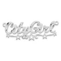 Silver-toned decorative pendant spelling "Good Girl" in cursive script with small stars arranged below, featuring small loop attachments at each end.