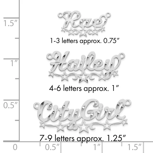 Three silver charm pendants with decorative stars and scrollwork, shown next to a ruler indicating sizes from 0.75 to 1.25 inches for different letter counts.